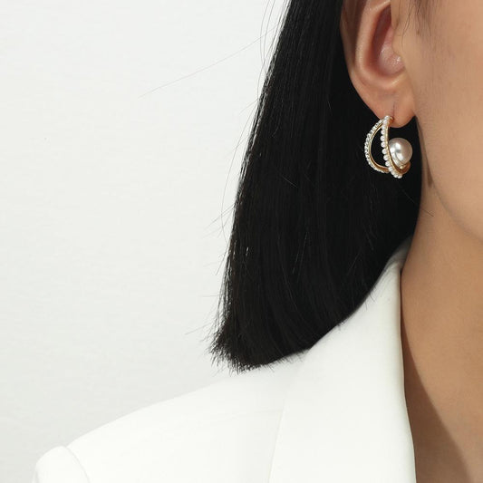 C-word earrings with pearls and diamonds Temperament design ear jewelry trendy versatile niche temperament super fairy jewelry