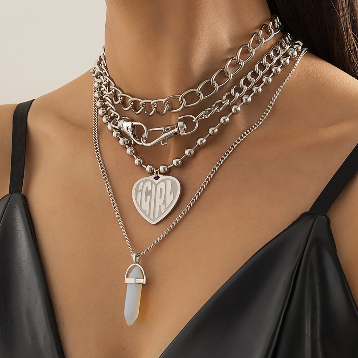 Hip-hop street trendy cool heart-shaped letter tag necklace punk metal chain crystal necklace for men and women