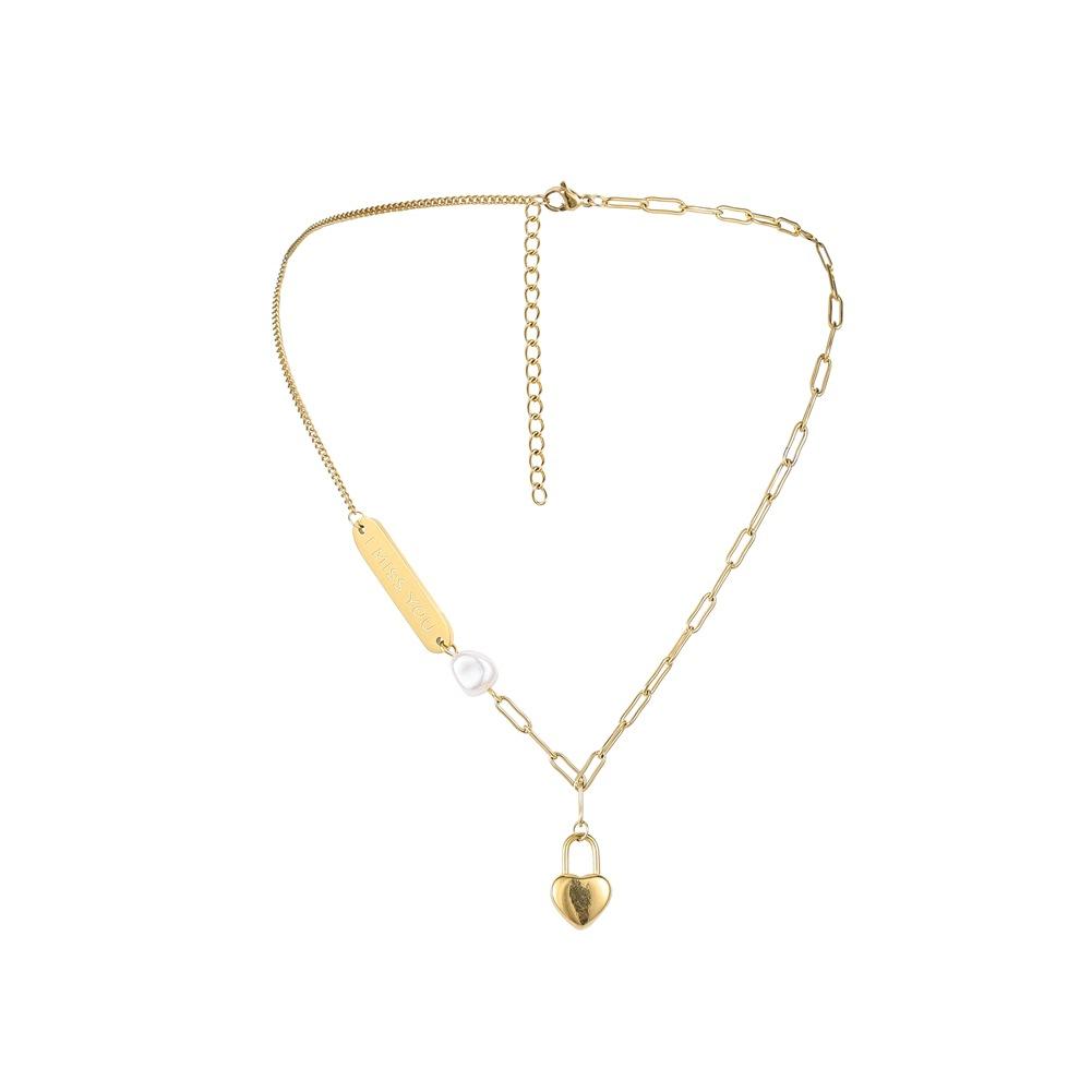 ins titanium steel gold-plated three-dimensional love lock pendant fashion square brand Imissyou temperament pearl necklace