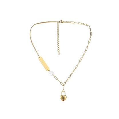 ins titanium steel gold-plated three-dimensional love lock pendant fashion square brand Imissyou temperament pearl necklace