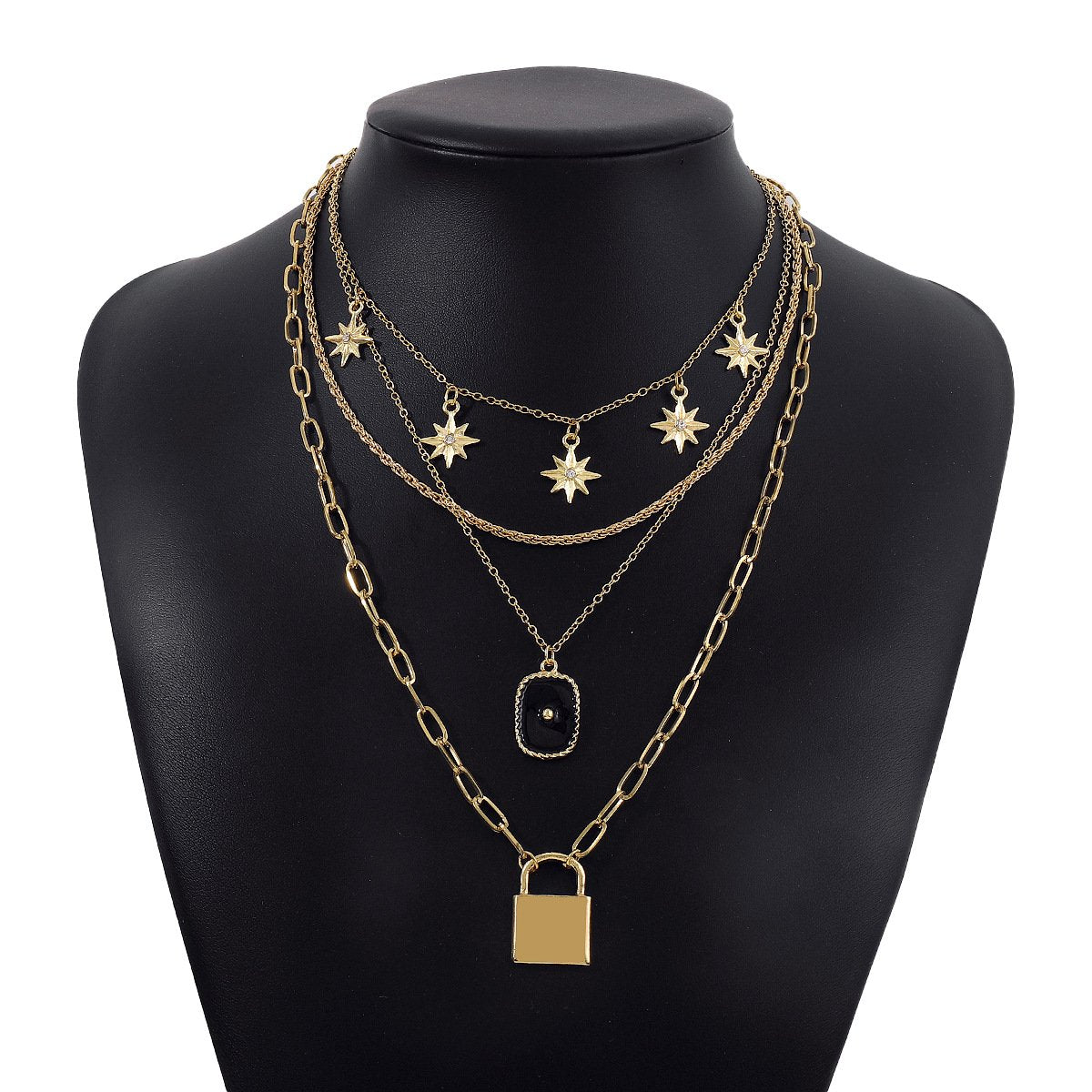 N1568 Stacked Simple Fashion Necklace Octagram Lock Drip Oil Micro-Inlaid Geometric Exaggerated Necklace Women