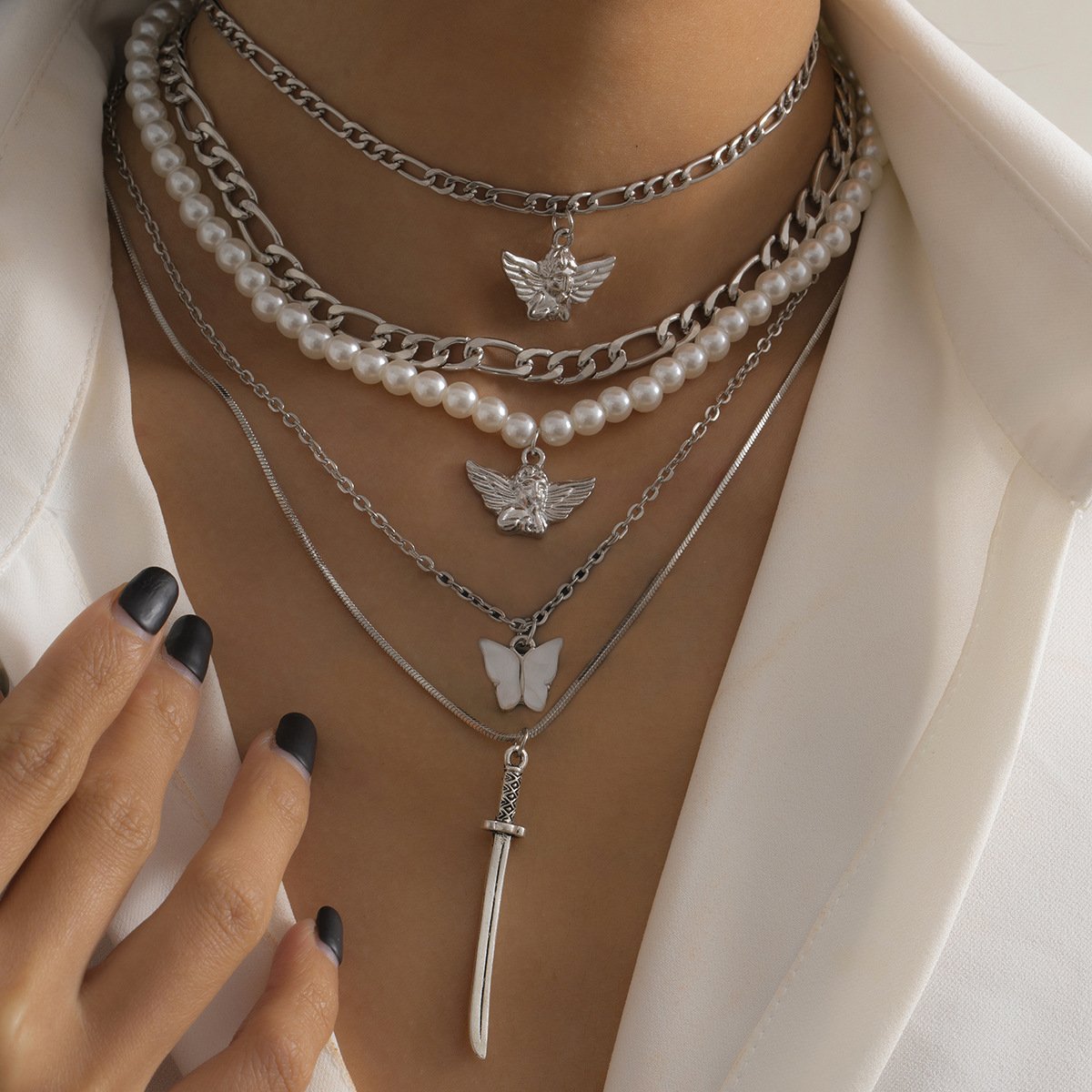 Jewelry hip-hop angel multi-element suit necklace street shooting exaggerated butterfly imitation pearl necklace female