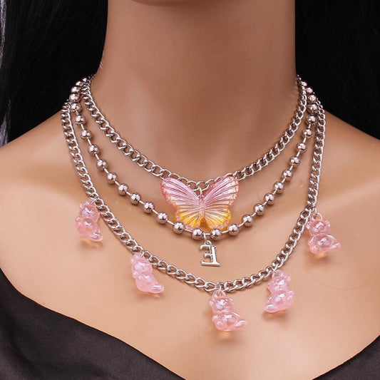 Jewelry simple multi-layer ball chain necklace female retro bear butterfly pendant necklace set