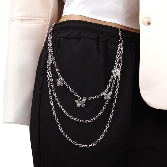 Jewelry Trend Versatile Butterfly Pendant Three-layer Pants Chain Matching JK Jeans Fashion Body Chain