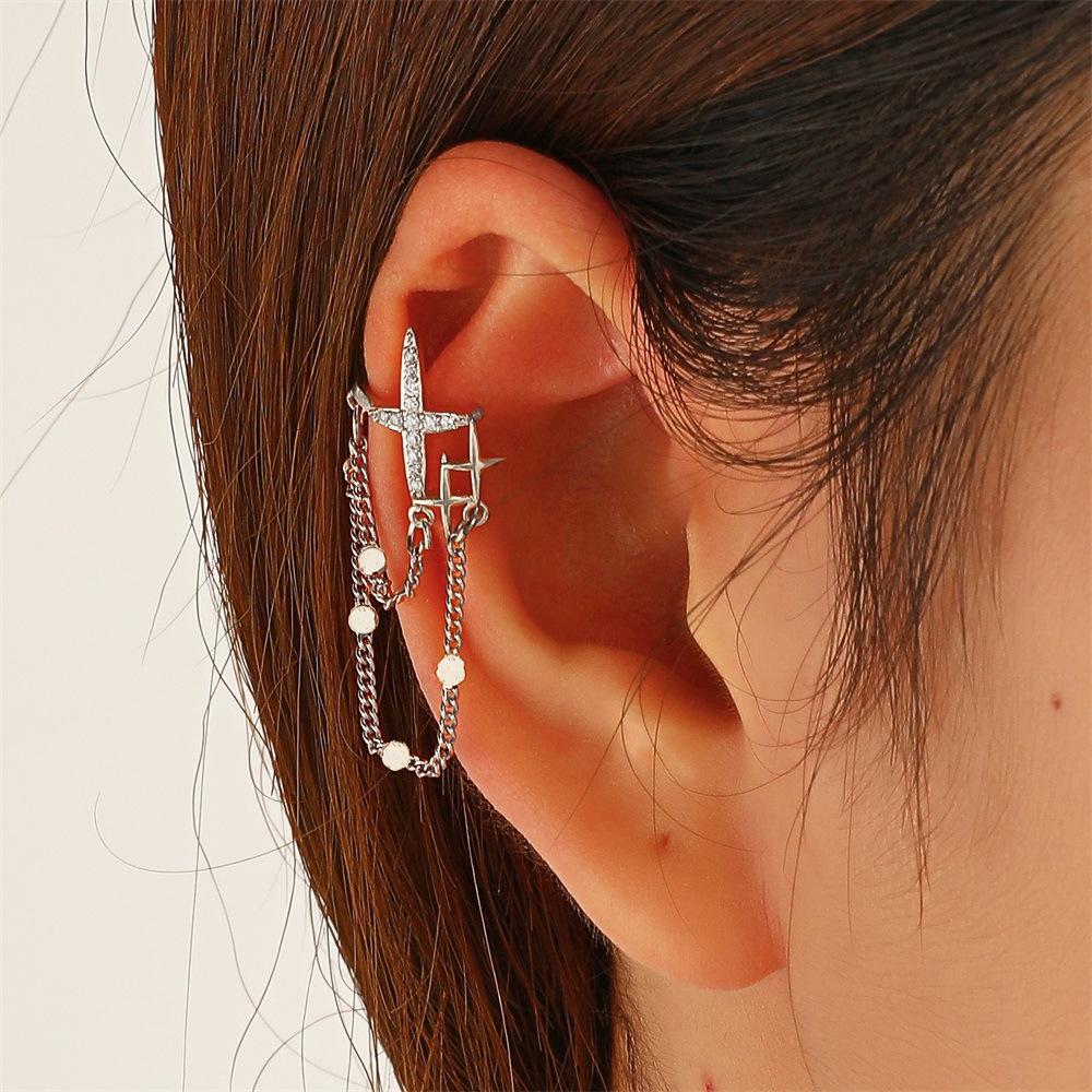 Simple diamond-studded tassel four-pointed star ear clip single fashion personality cross chain earrings without piercing earrings