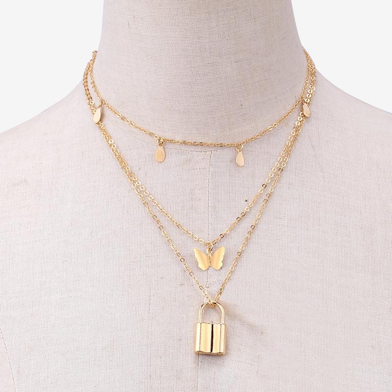 Retro fashion multi-layered simple butterfly small lock pendant necklace ins clavicle chain jewelry