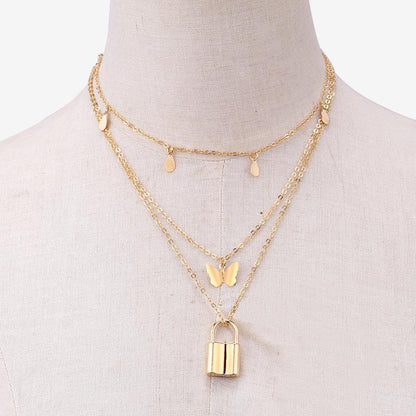 Retro fashion multi-layered simple butterfly small lock pendant necklace ins clavicle chain jewelry