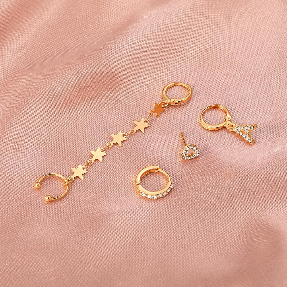 Retro star chain integrated ear clip set alloy diamond letter earrings 4 pieces without pierced earrings