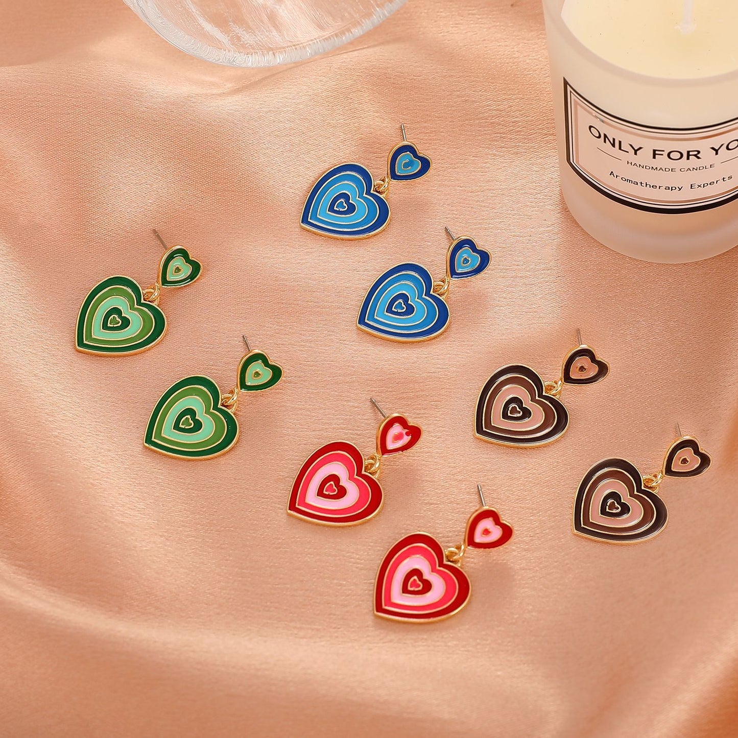 Ins color matching love earrings female retro fashion personality alloy drop nectarine peach heart earrings