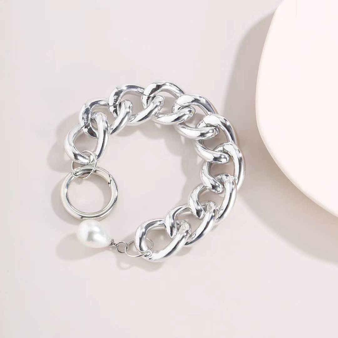 Fashion Jewelry Exaggerated Hollow Aluminum Chain Punk Hand Decoration Imitation Pearl Chain Mix Bracelet Women