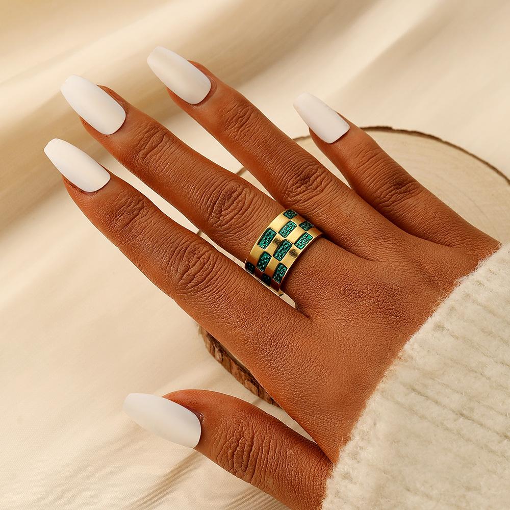 Fashion Simple Checkerboard Drip Oil Design Minority Stainless Steel Ring Original Versatile Women