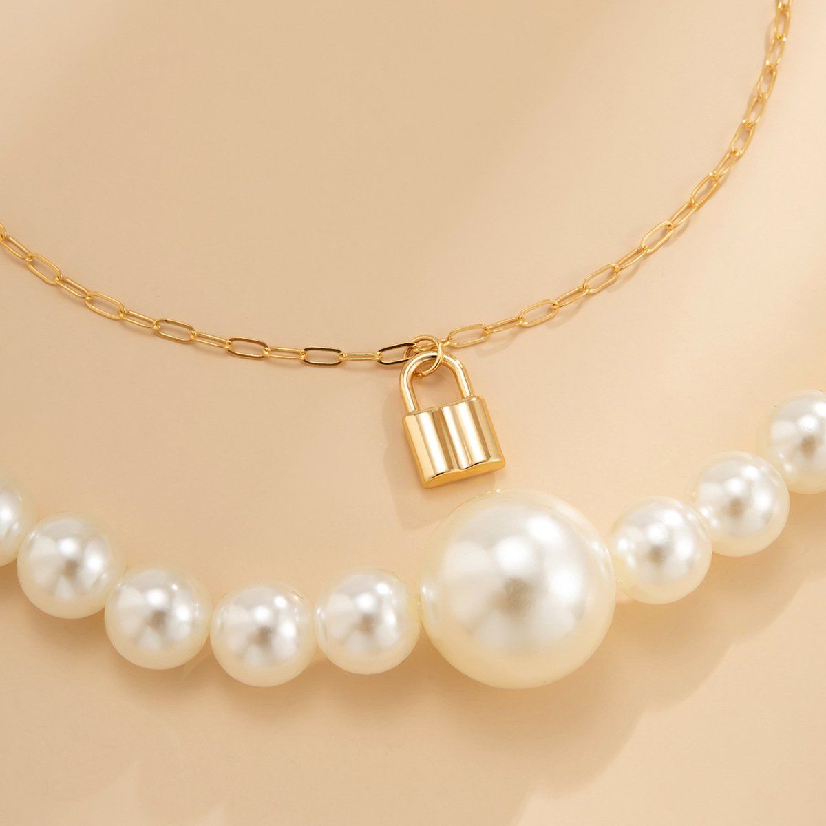 Jewelry Exaggerated Imitation Pearl Beaded Double Layer Necklace Female Retro Lock Chain Stacked Necklace
