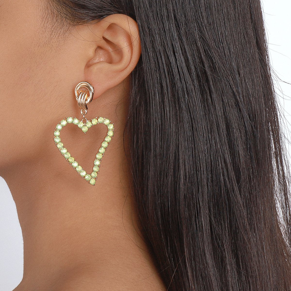 E1634 Fashion asymmetric full diamond earrings femininity age reduction hollow peach heart simple net red earrings