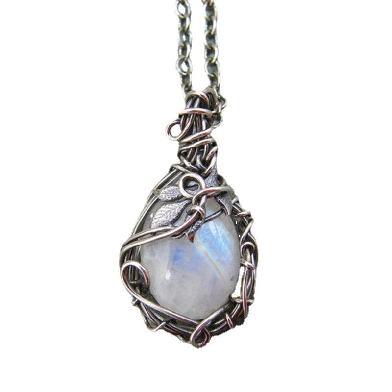 Explosive Jewelry Moonstone Necklace Female Pendant Retro Bohemian Leaf Rattan Accessories
