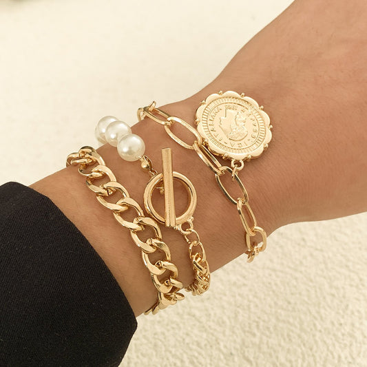 Jewelry hip-hop metal flower plate portrait tag bracelet fashion imitation pearl ot buckle chain bracelet