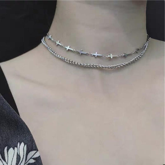 ins metal cold cross double-layer short necklace choker necklace collar collarbone chain