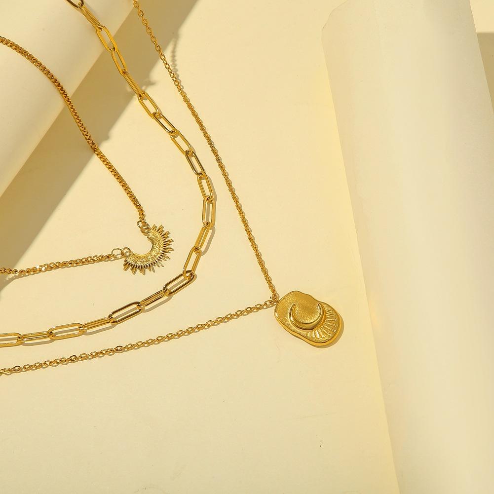 Stainless Steel 18k Gold Retro Frosty Moon Shield Trendy Three Layer Sun Clavicle Necklace Jewelry