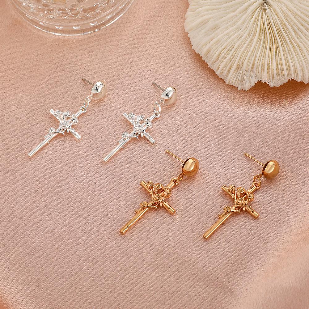 Three-dimensional embossed rose earrings creative temperament metal cross earrings earrings ladies