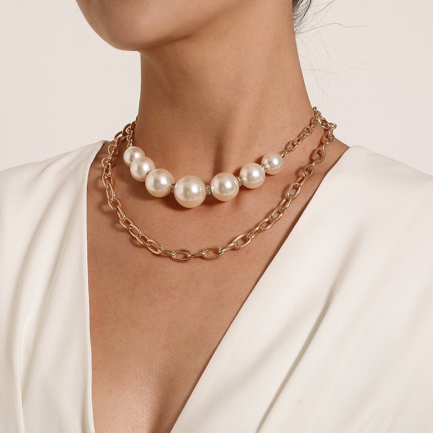 Jewelry diamond-studded large pearl multi-layer necklace female personality retro exaggerated punk chain necklace