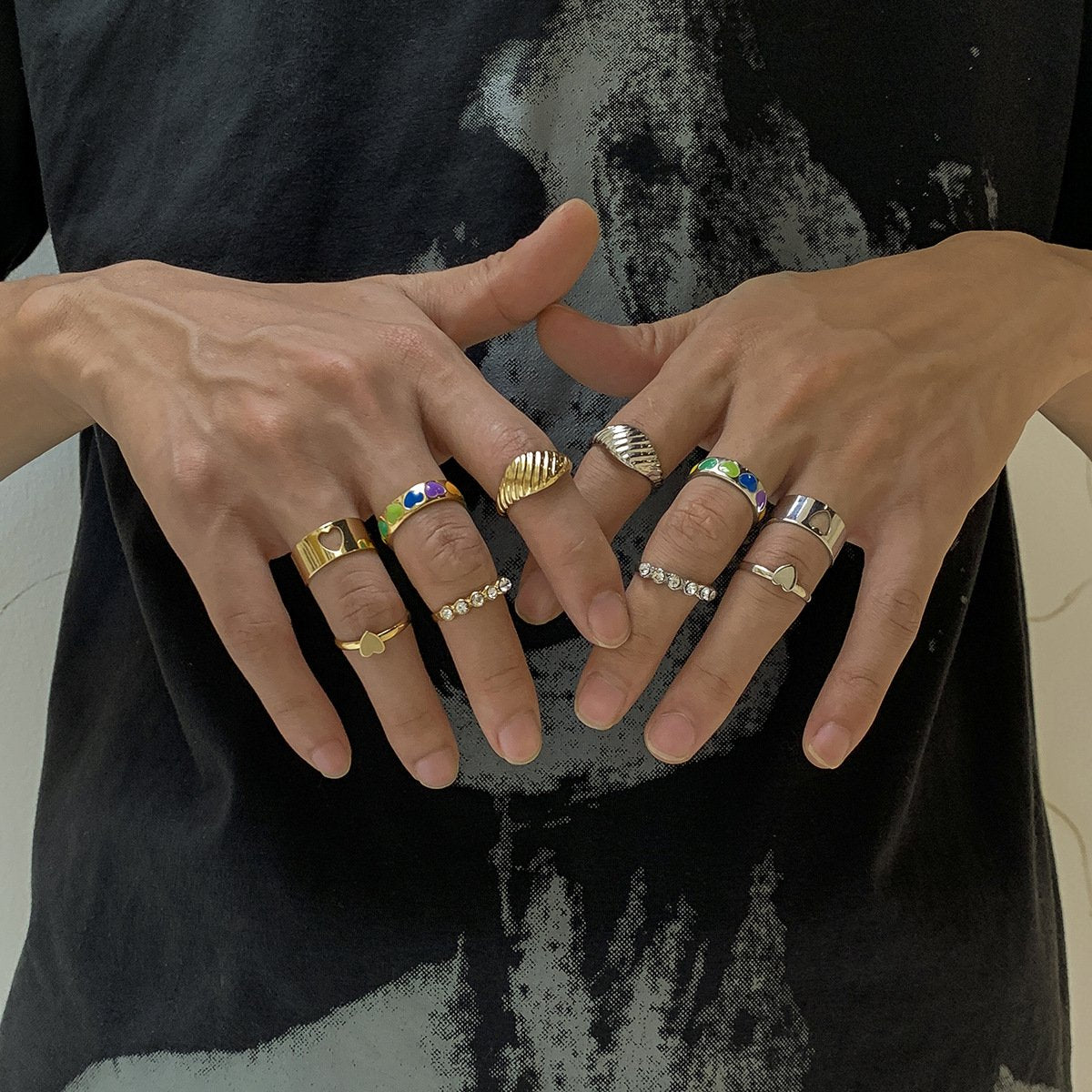 Retro trend color drop nectarine heart-shaped men's ring set geometric diamond ring jewelry