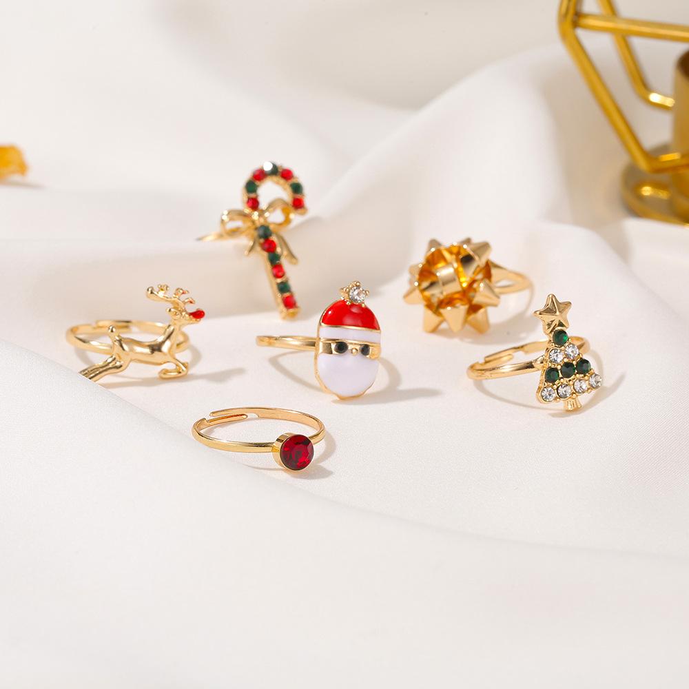 Christmas Ornaments Cute Cartoon Elk Christmas Tree Ring 6-Piece Set Drip Oil Opening Adjustable Ring Jewelry
