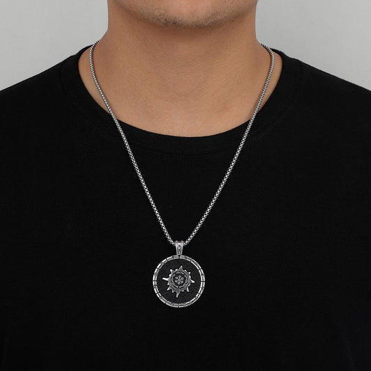 Trendy Atmosphere Sun Star Compass Constellation Pendant Titanium Steel Punk Exaggerated Men's Cool Round Card Necklace