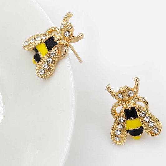 Ear Jewelry Fashion Sweet Temperament Color Glaze Drip Oil Inlaid Diamond Bee Stud Earrings Rhinestone Earrings