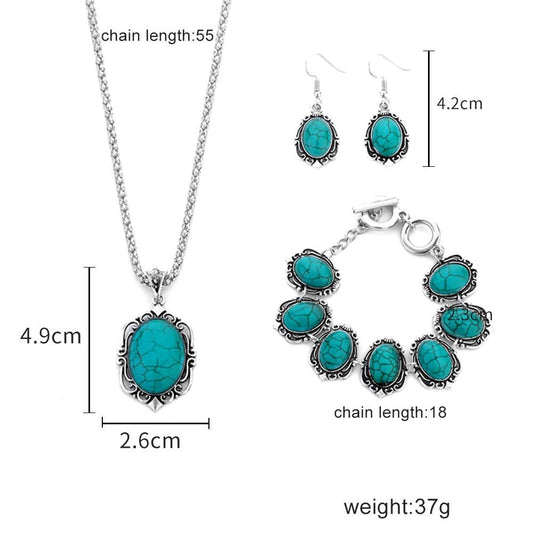 Ethnic Turquoise Necklace Earrings Bracelet Set Flower Pendant Three Piece Jewelry Set