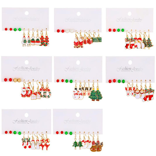 Christmas series earrings set cartoon oil dripping elk Santa Claus Christmas tree earrings female