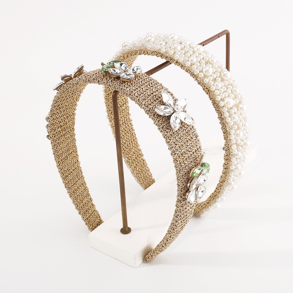 F495 Ethnic retro wide-brimmed creative braided hair hoop imitation pearl flower rhinestone French gentle head hoop for women