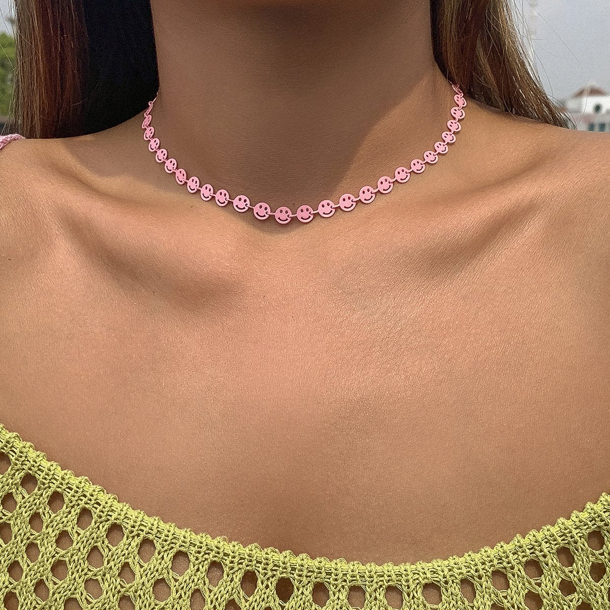 Jewelry sweet cool macaroon color smiley face necklace female simple geometric metal single layer collarbone necklace