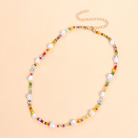 Jewelry Color Transparent White and Blue Rice Bead Necklace Female Fashion Popular Personality Pearl Necklace
