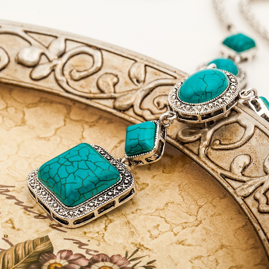 Jewelry Turquoise Necklace Retro Rhombus Round Geometric Shape Alloy Necklace