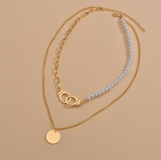 Fashion Alloy Handcuffs Round Iron Sheet Pendant Multilayer Necklace Imitation Pearl Clavicle Chain Necklace Accessories