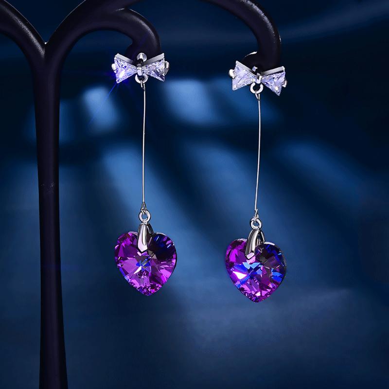 Fashion Ladies Long Color Crystal Diamond Heart Shape Pendant Stud Earrings Bow Knot Earrings Jewelry
