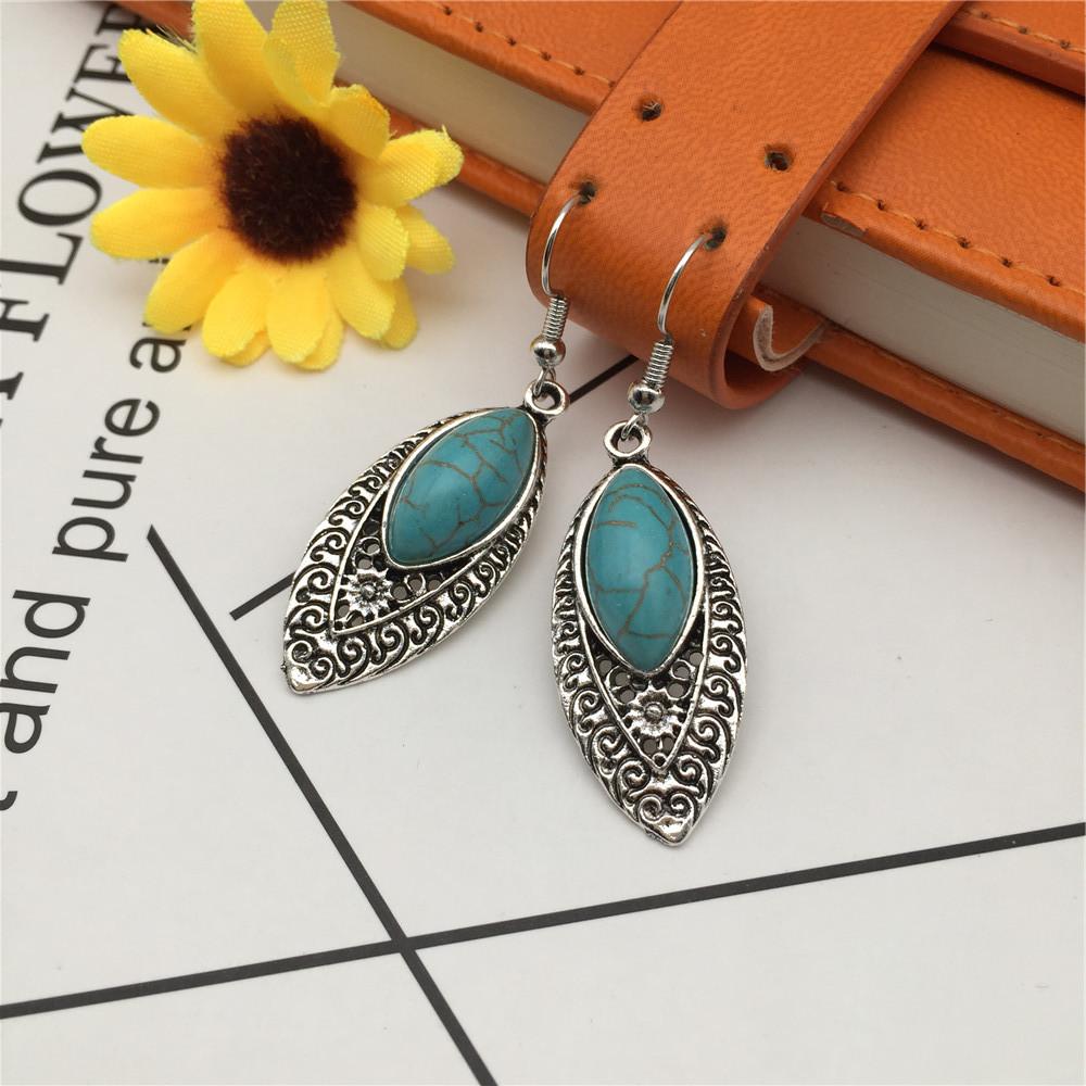 Vintage Ethnic Earrings Alloy Leaf Palm Owl Turquoise Earrings Jewelry Set