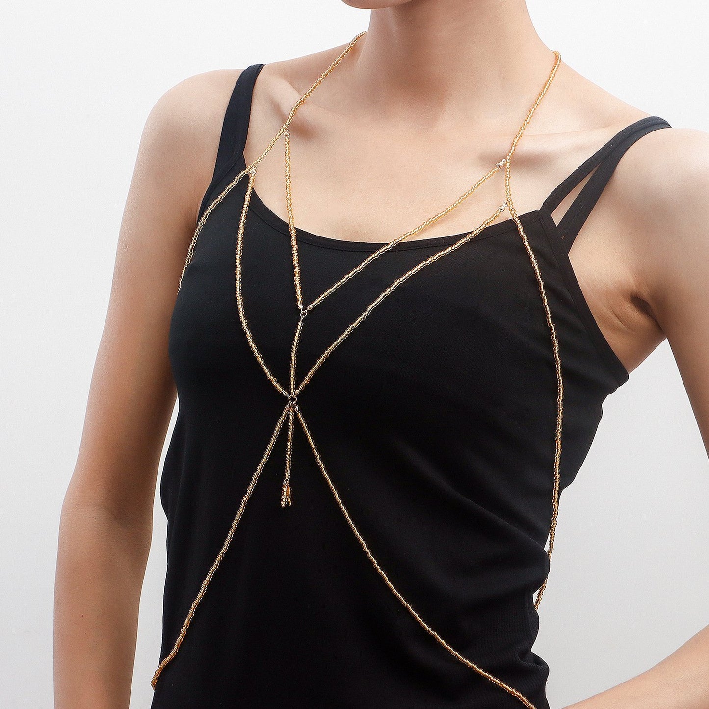 Ins hot girl transparent yellow rice beads body chain chest jewelry summer rice beads waist chain female