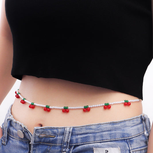 Jewelry ethnic red cherry imitation pearl ins waist chain beaded accessories women's street trendy hot girl waist decoration