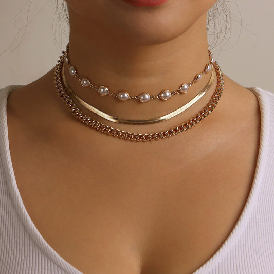 Jewelry Retro Exaggerated Round Pearl Necklace Female Personality Simple Snake Shape Multilayer Necklace