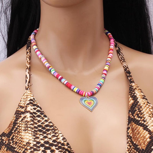Niche design sense rainbow color soft pottery beaded gradient color large love necklace female simple all-match necklace