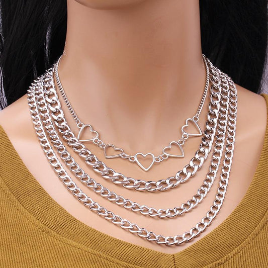 Jewelry Hip Hop Personality Geometric Set Necklace Simple Peach Heart Hollow Multilayer Chain Necklace Female