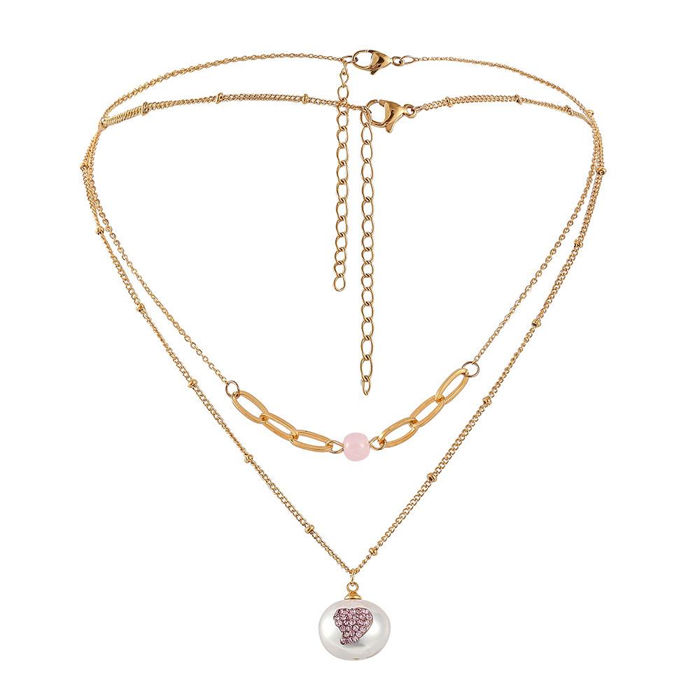 Simple stainless steel pink love double-layer pendant trendy heart-shaped pendant titanium steel pearl collarbone necklace for women