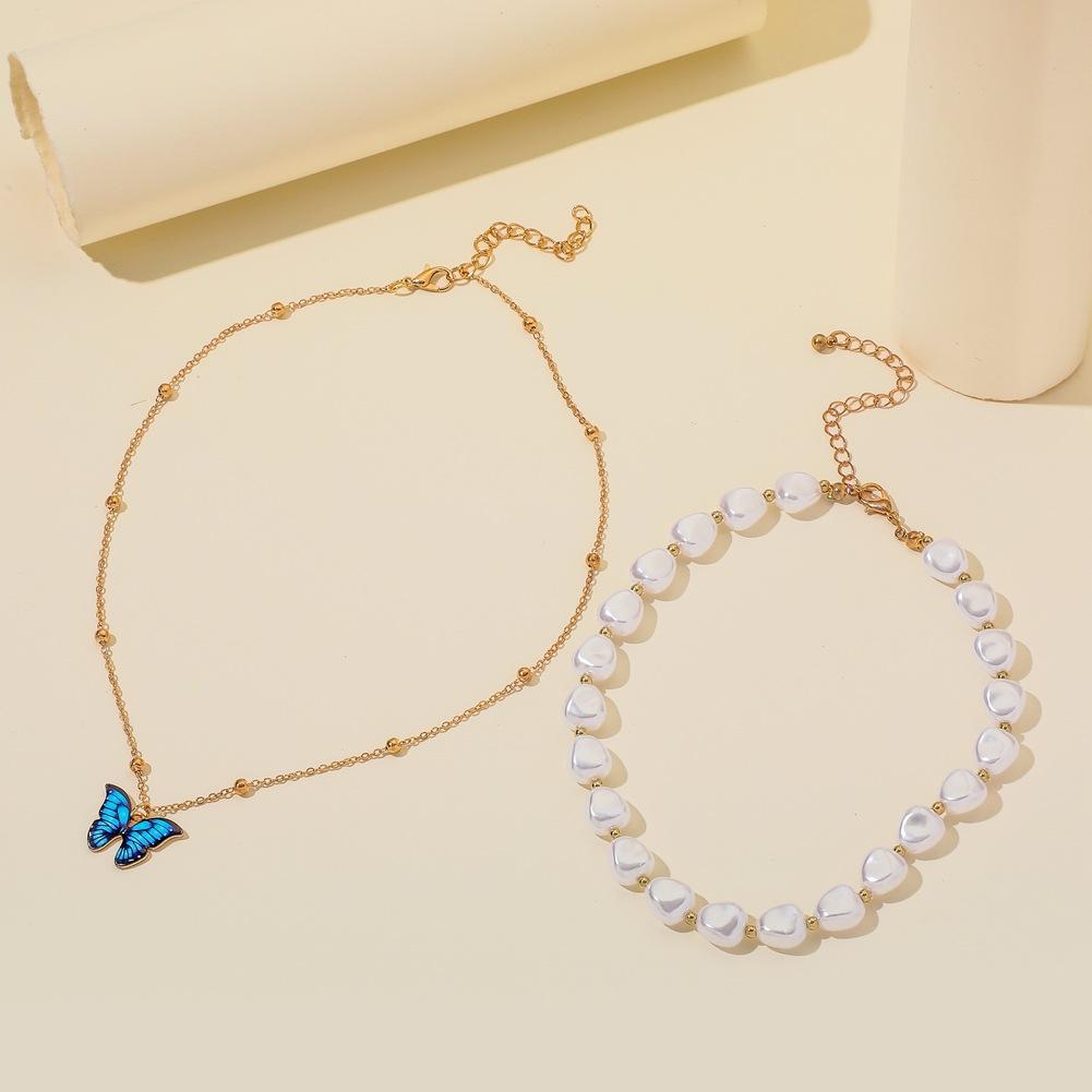 Niche Super Fairy Blue Butterfly Pendant Versatile Temperament Special Shaped Pearl Necklace Fashion Double Stacked Necklace