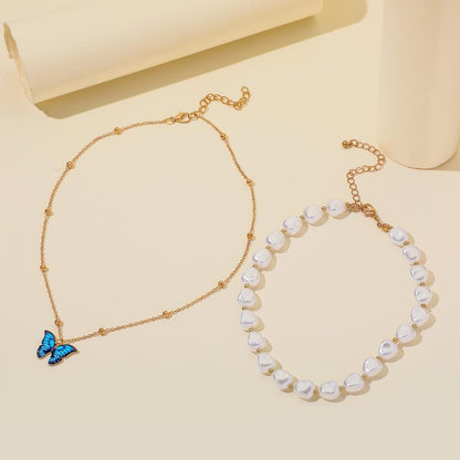 Niche Super Fairy Blue Butterfly Pendant Versatile Temperament Special Shaped Pearl Necklace Fashion Double Stacked Necklace
