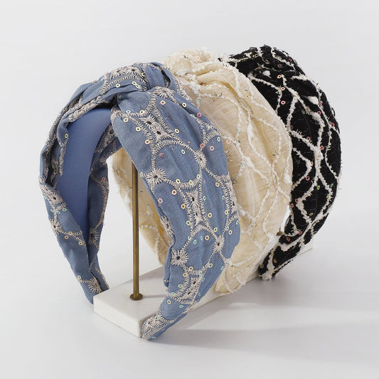 F4437 Geometric fashion trendy headband chiffon sequin embroidery knotted lady temperament headband