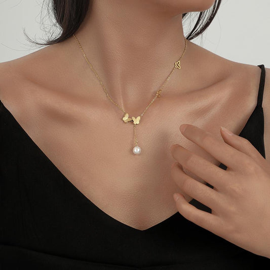 Fashion Creative Titanium Steel Asymmetric Double Butterfly Pearl Pendant Stainless Steel Tassel Clavicle Necklace For Women