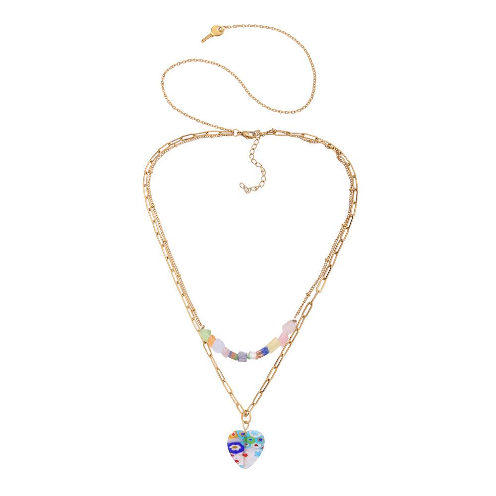 Stainless Steel Golden Love Flower Glazed Stone Key Pendant Titanium Steel Double Layer Necklace Clavicle Chain Female