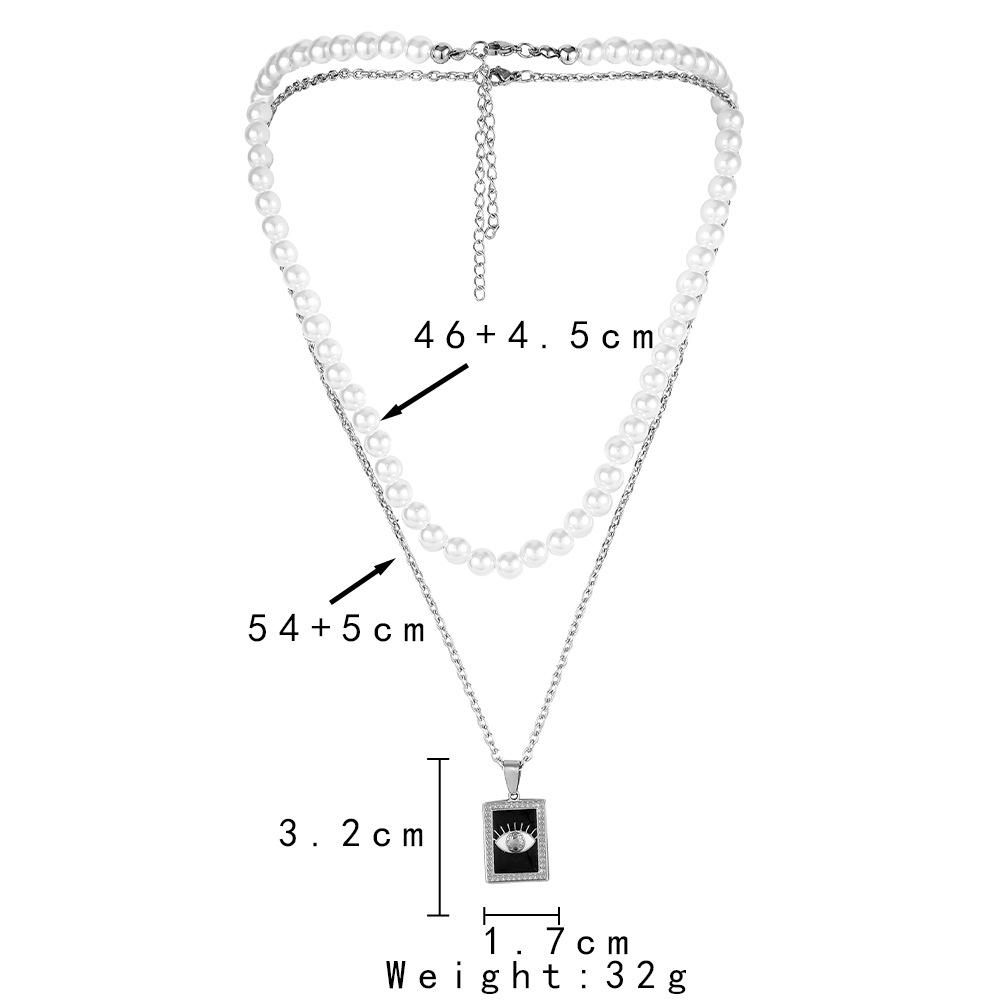 Fashion Simple Personality Versatile Trend Stainless Steel Square Brand Eye Oil Drip Pearl Necklace Men