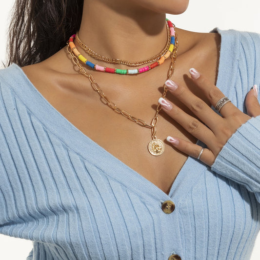 Jewelry Ethnic Color Soft Pottery Portrait Tag Necklace Retro Metal Chain Set Necklace