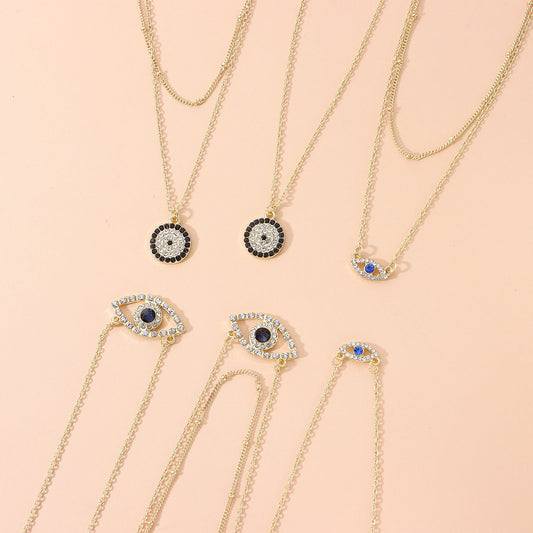 Jewelry 14K Full Diamond Round Geometric Pendant Necklace Women's Fashion Simple Devil's Eye Necklace